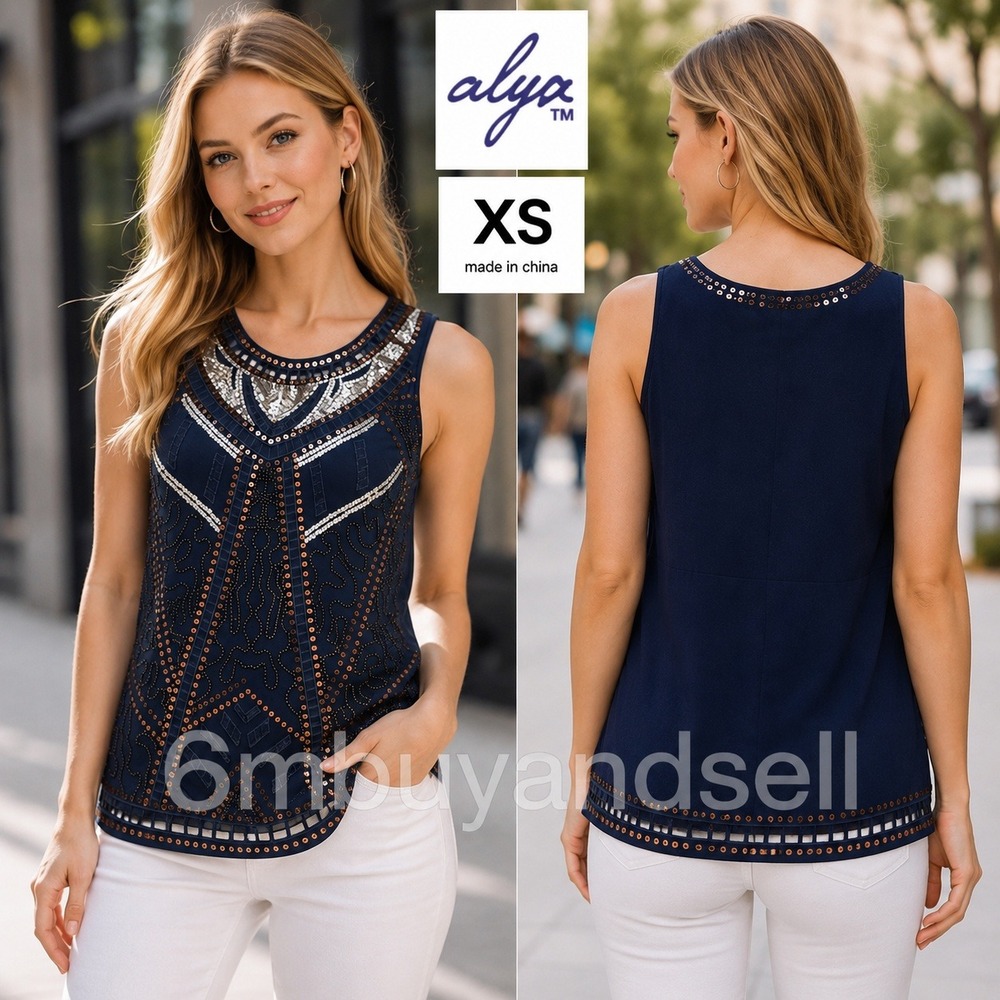 Alya Womens XS Navy Sequin Beaded Sleeveless Tank Top Boho Embellished Blouse